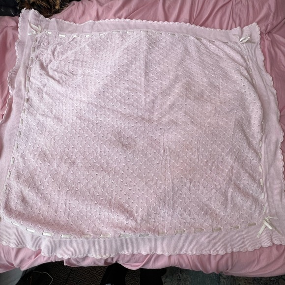 Vintage Sprockets Baby Pink Crochet Blanket Bow Trim Coquette - Picture 2 of 9